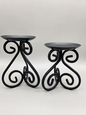 Vintage Black Scroll Metal Candle Holders - Set of 2
